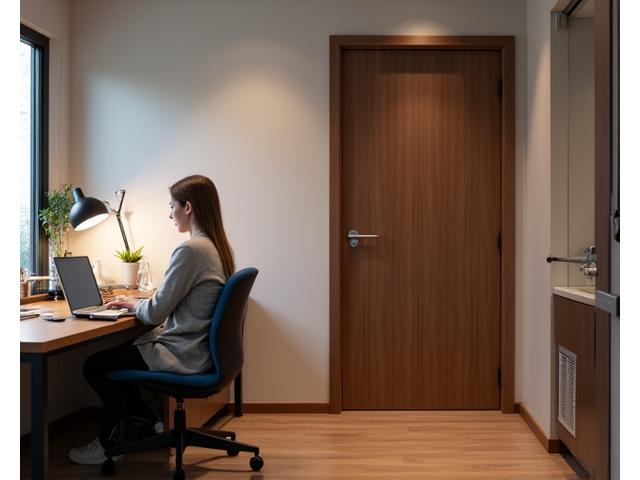 A focused professional working in a serene home office, the closed acoustic door symbolizing uninterrupted concentration.