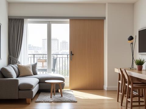 A modern studio apartment living area with a stylish sliding door fully extended to divide it from the sleeping area.